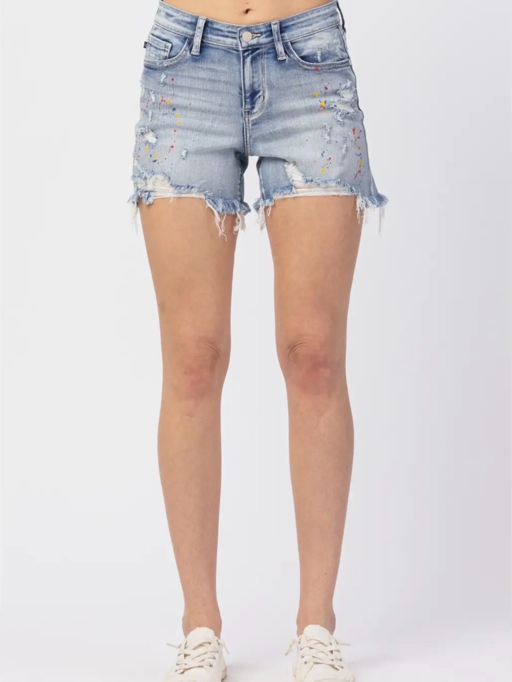 Light Wash Distressed Denim Shorts with Paint-Splatter Detail